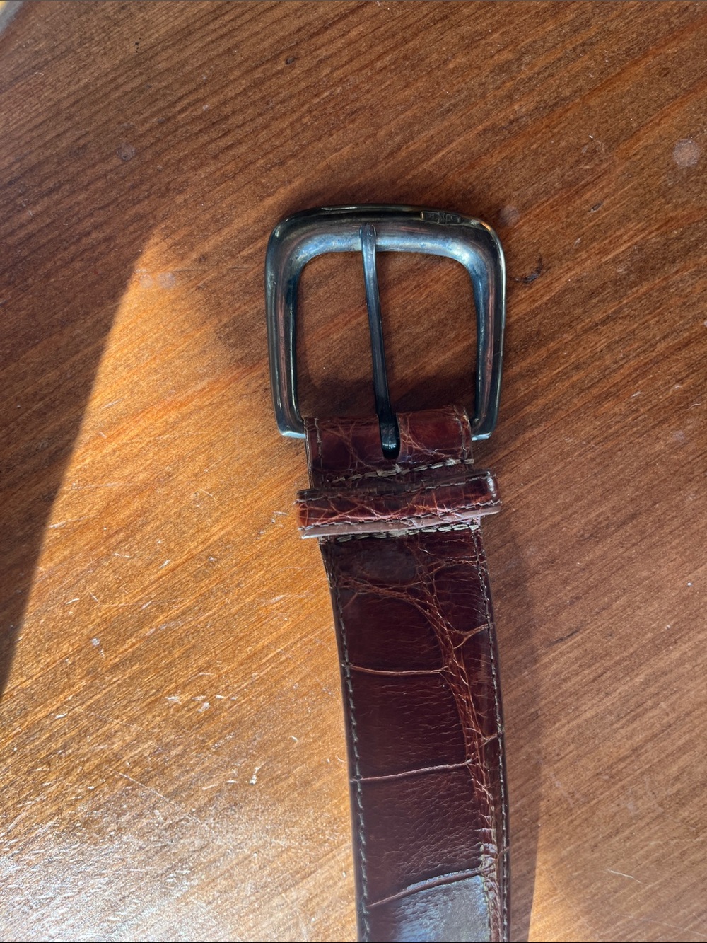 Ralph Lauren Dark Brown Croc-Embossed Leather Belt with Antique Silver Buckle
